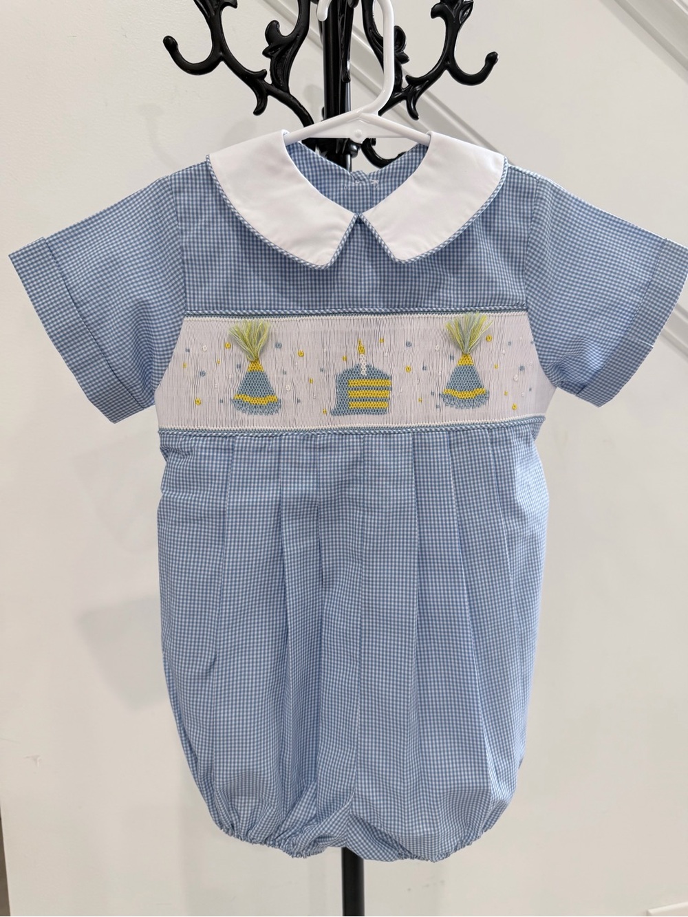 Tricia Blue Gingham Baby Bubble Romper with Smocked Party Hat Embroidery Sz 18M